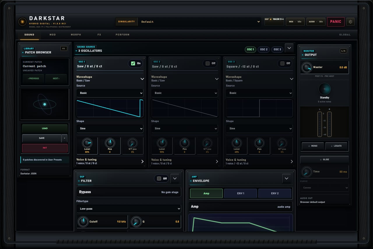 The DARKSTAR interface: patch browser, three oscillator panels with waveform displays and knobs, filter and envelope sections, and an output monitor.